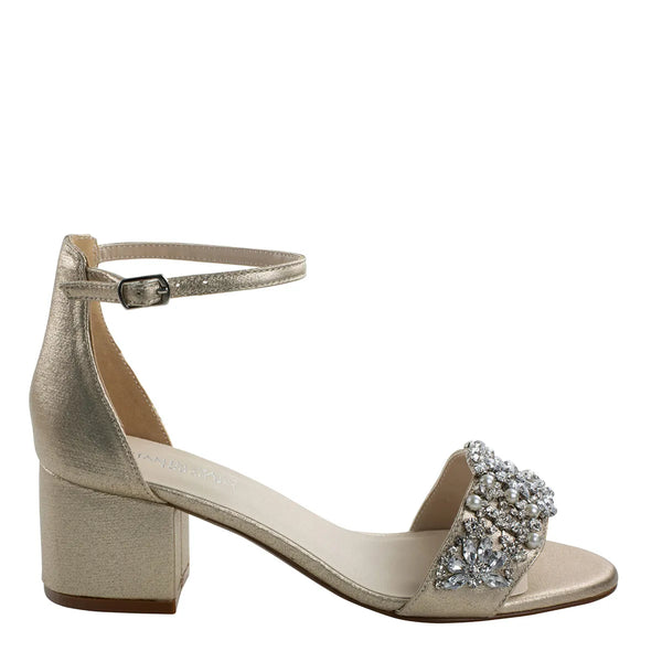 Dyeables Devon Champagne Shimmer Low Block Heel Sandals With Jewels Shoes