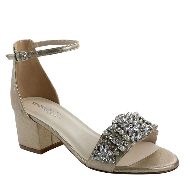 dyeables Devon Champagne Shimmer Low Block Heel Sandals with Jewels Shoes