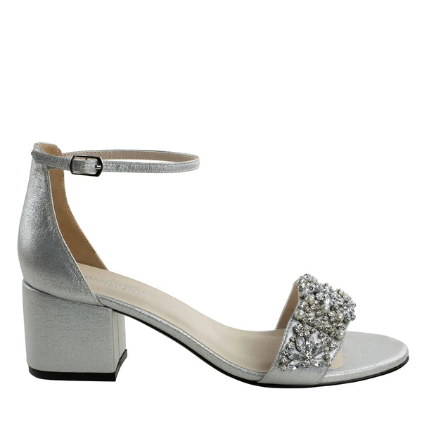 Dyeables Devon Silver Shimmer Low Block Heel Sandals With Jewels Shoes