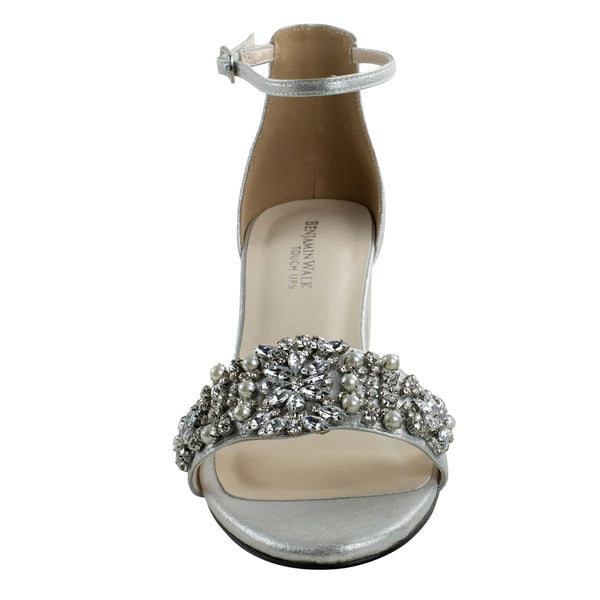 Dyeables Devon Silver Shimmer Low Block Heel Sandals With Jewels Shoes