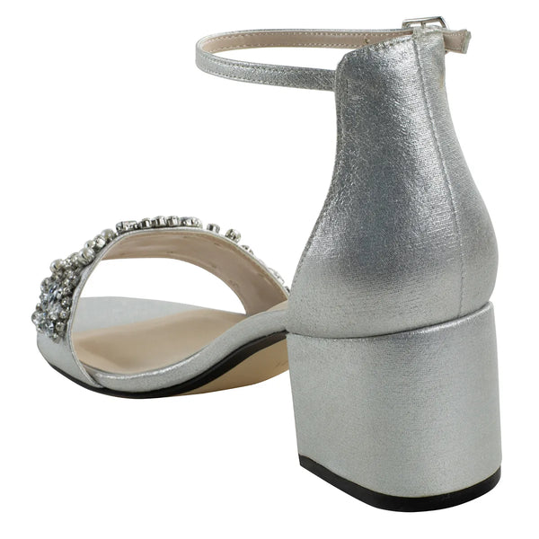 Dyeables Devon Silver Shimmer Low Block Heel Sandals With Jewels Shoes