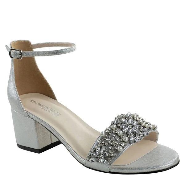 dyeables Devon Silver Shimmer Low Block Heel Sandals with Jewels Shoes