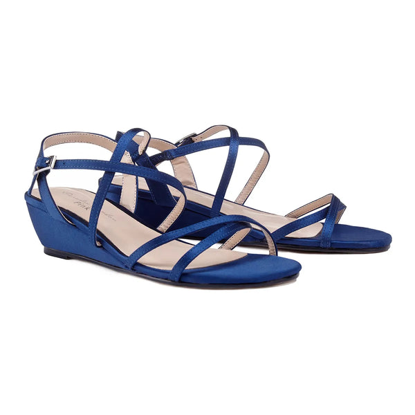 Dyeables Kadie Navy Satin Low Wedge Sandals Shoes