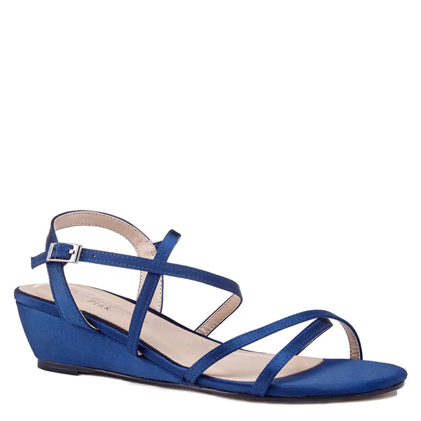 dyeables Kadie Navy Satin Low Wedge Sandals Shoes