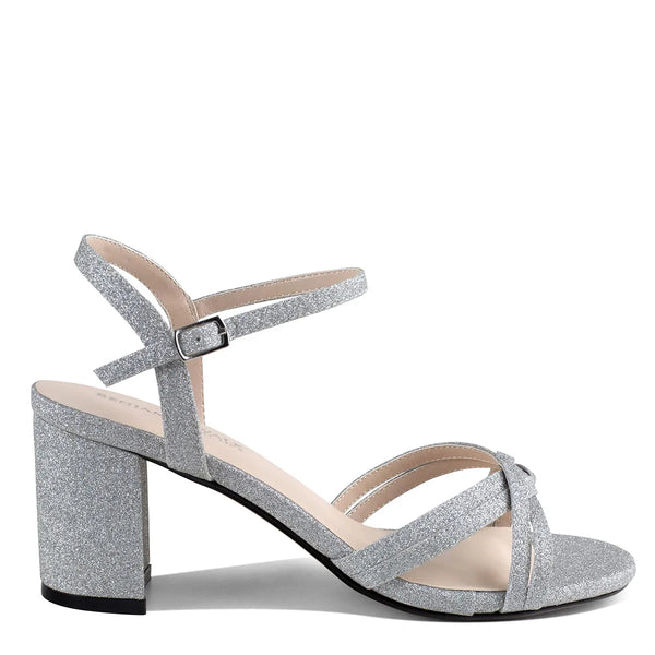Dyeables Elle Silver Glitter Block Heel Open Toe Sandals Shoes
