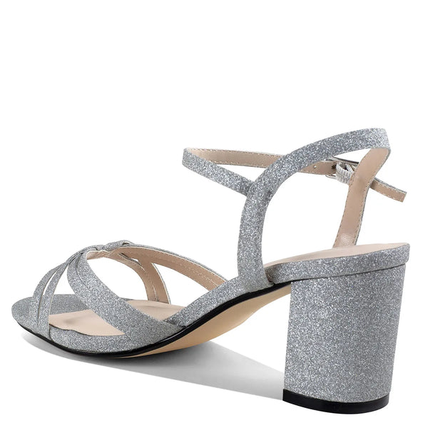 Dyeables Elle Silver Glitter Block Heel Open Toe Sandals Shoes