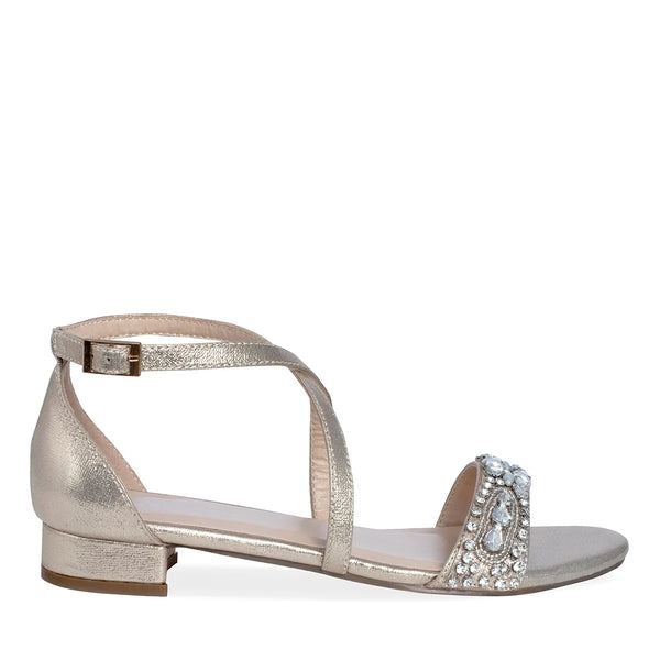 Dyeables Elyse Champagne Shimmer Low Block Heel Sandals With Stones Shoes