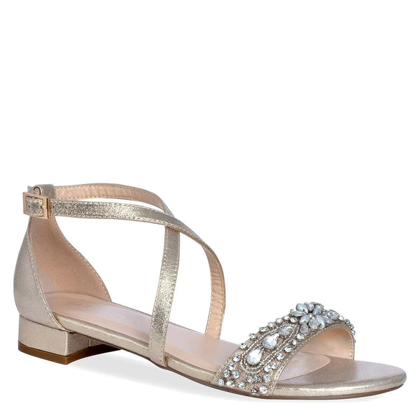 dyeables Elyse Champagne Shimmer Low Block Heel Sandals with Stones Shoes