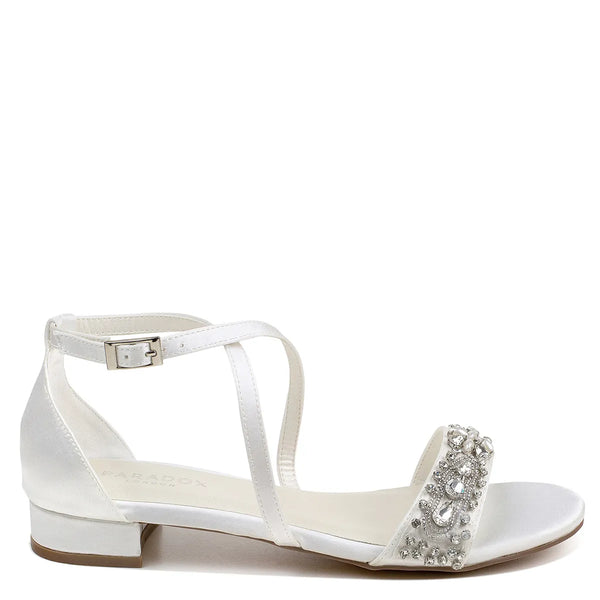 Dyeables Elyse Ivory Satin Low Block Heel Sandals With Stones Shoes