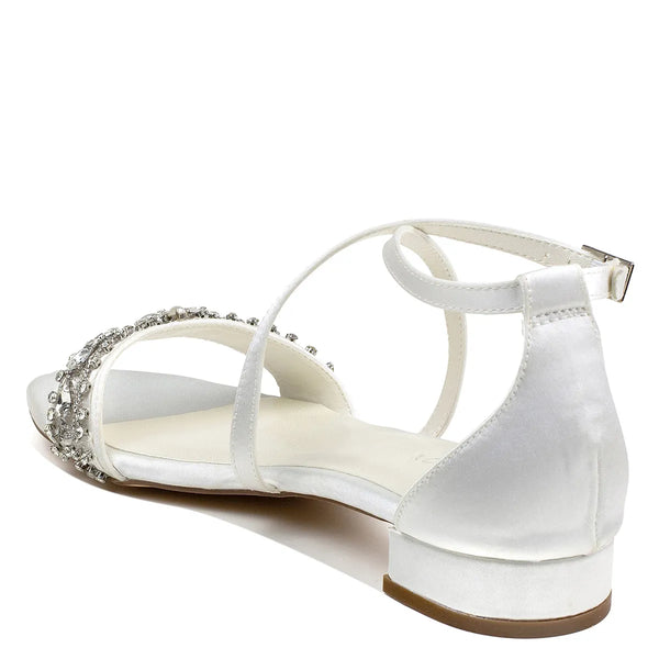 Dyeables Elyse Ivory Satin Low Block Heel Sandals With Stones Shoes
