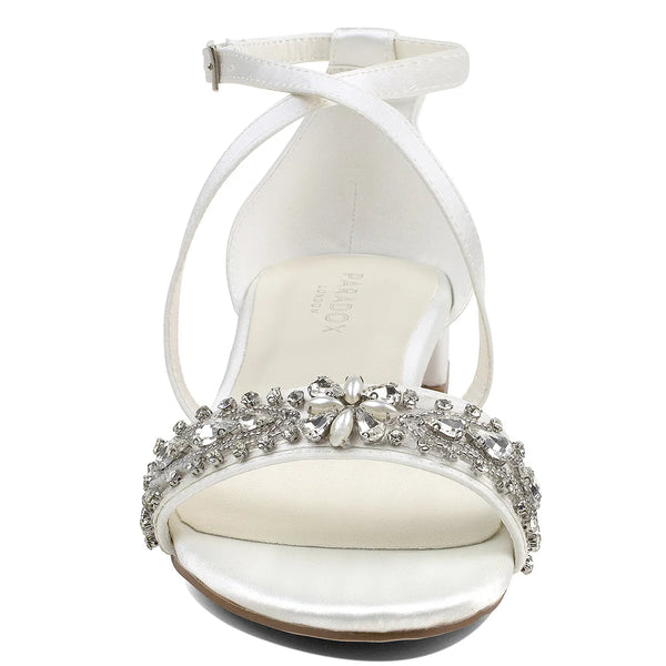 Dyeables Elyse Ivory Satin Low Block Heel Sandals With Stones Shoes