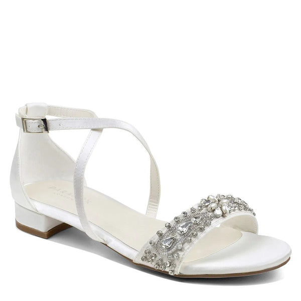 dyeables Elyse Ivory Satin Low Block Heel Sandals with Stones Shoes