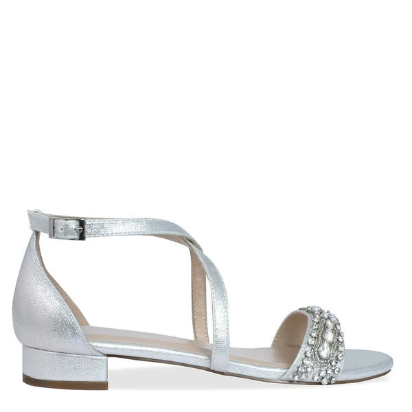 Dyeables Elyse Silver Shimmer Low Block Heel Sandals With Stones Shoes