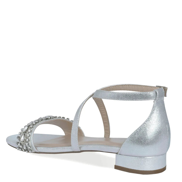 Dyeables Elyse Silver Shimmer Low Block Heel Sandals With Stones Shoes