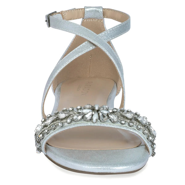 Dyeables Elyse Silver Shimmer Low Block Heel Sandals With Stones Shoes