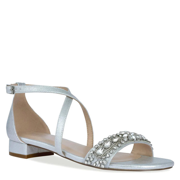 dyeables Elyse Silver Shimmer Low Block Heel Sandals with Stones Shoes