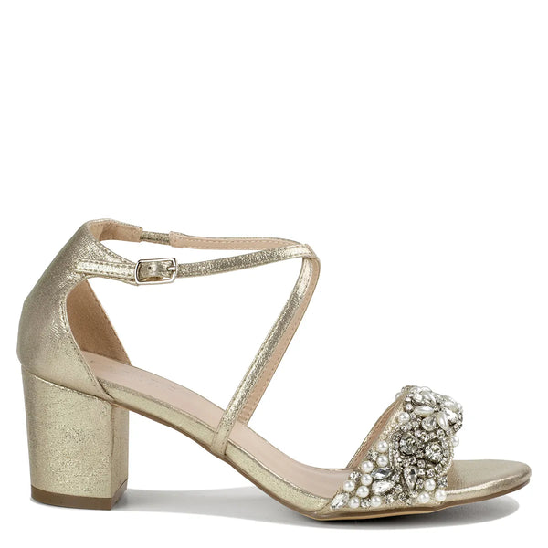 Dyeables Evangeline Champagne Shimmer Low Block Heel Open Toe Sandals Shoes