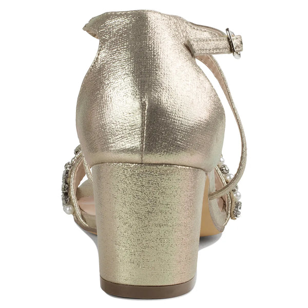 Dyeables Evangeline Champagne Shimmer Low Block Heel Open Toe Sandals Shoes