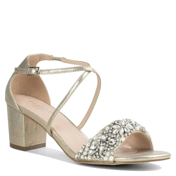 dyeables Evangeline Champagne Shimmer Low Block Heel Open Toe Sandals Shoes