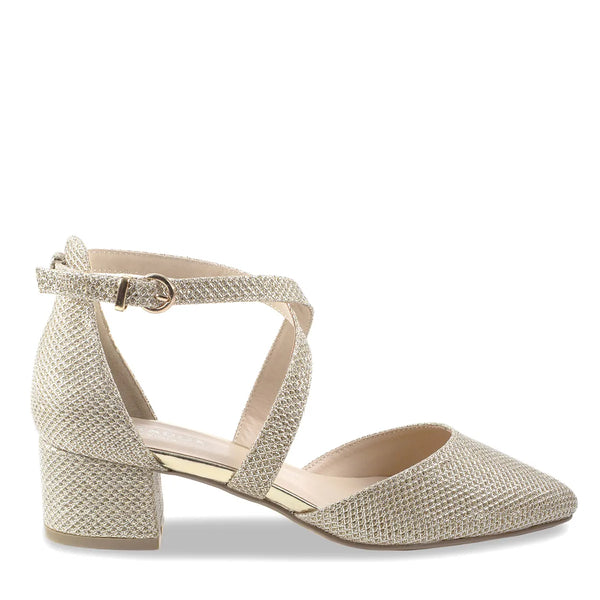 Dyeables Francis Champagne Shimmer Low Block Heel Closed Toe Pumps Shoes