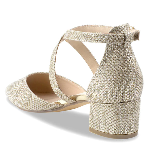 Dyeables Francis Champagne Shimmer Low Block Heel Closed Toe Pumps Shoes