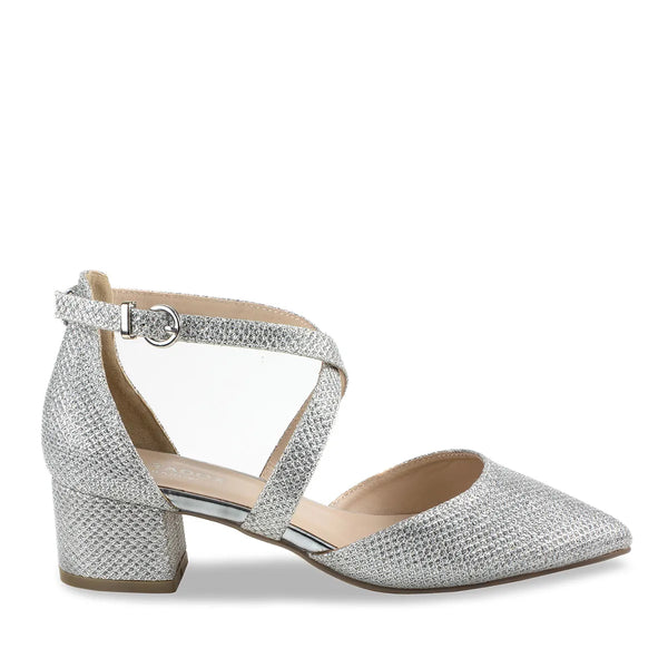 Dyeables Francis Silver Shimmer Low Block Heel Closed Toe Pumps Shoes