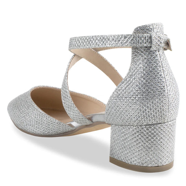 Dyeables Francis Silver Shimmer Low Block Heel Closed Toe Pumps Shoes