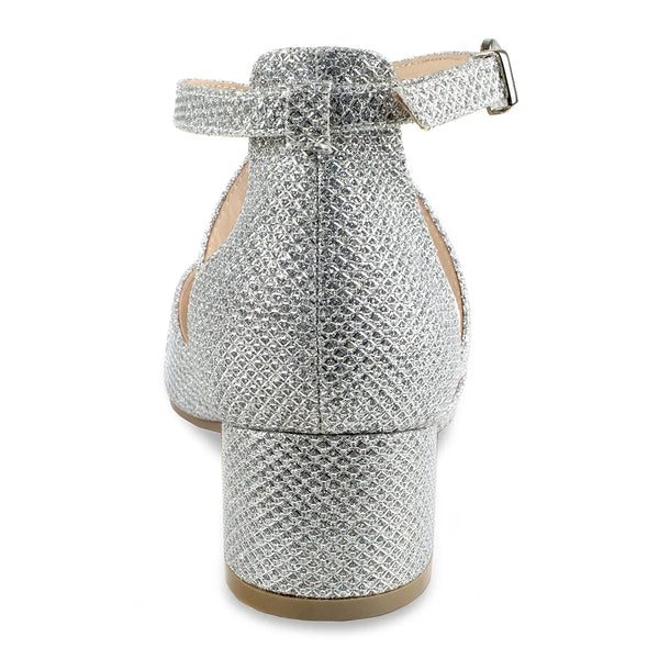 Dyeables Francis Silver Shimmer Low Block Heel Closed Toe Pumps Shoes