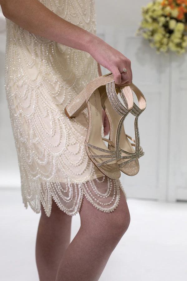 Dyeables Gabriella Champagne Shimmer Sandals With Rhinestones Shoes