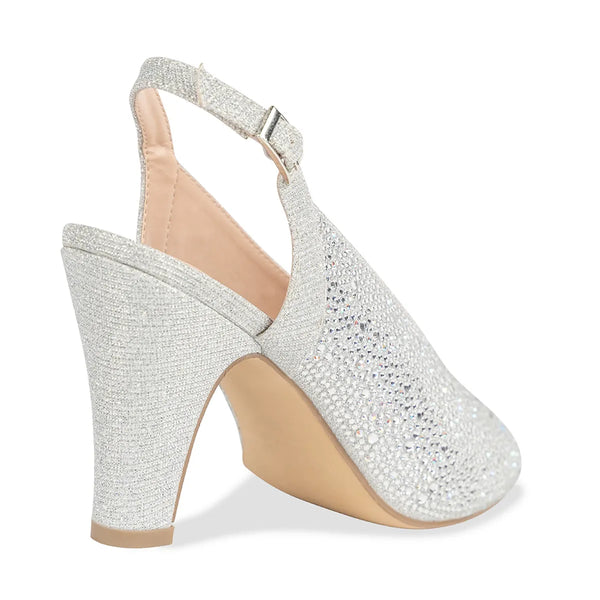 Dyeables Glory Silver Glitter High Stable Heel Peeptoe Pumps Shoes