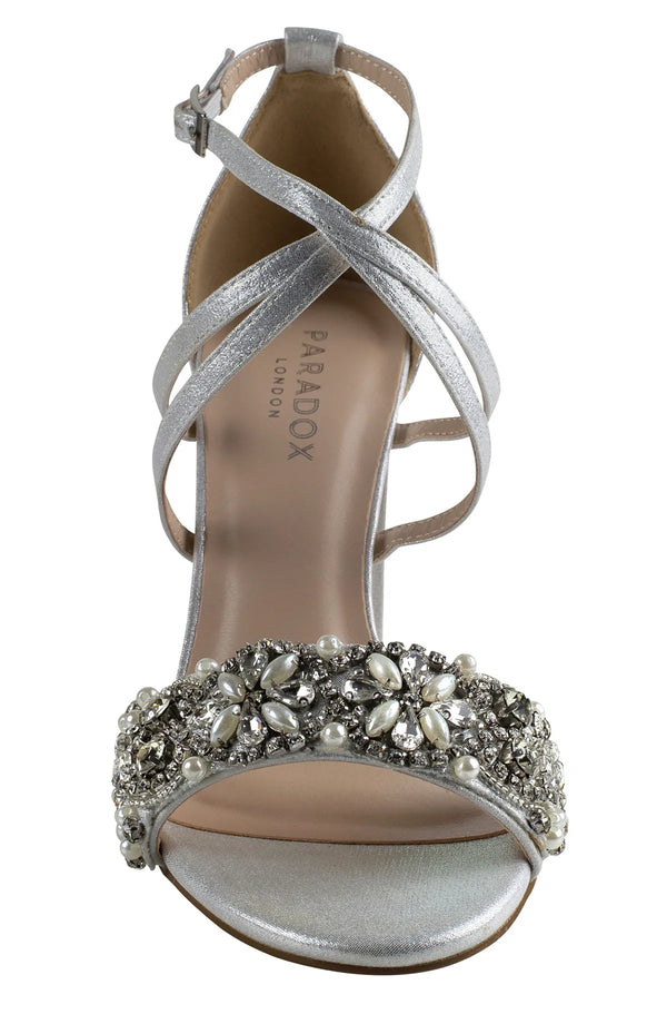 Dyeables Hira Silver Shimmer Block Heel Sandals Shoes