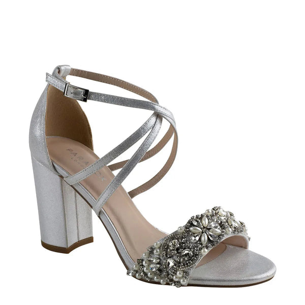 dyeables Hira Silver Shimmer Block Heel Sandals Shoes