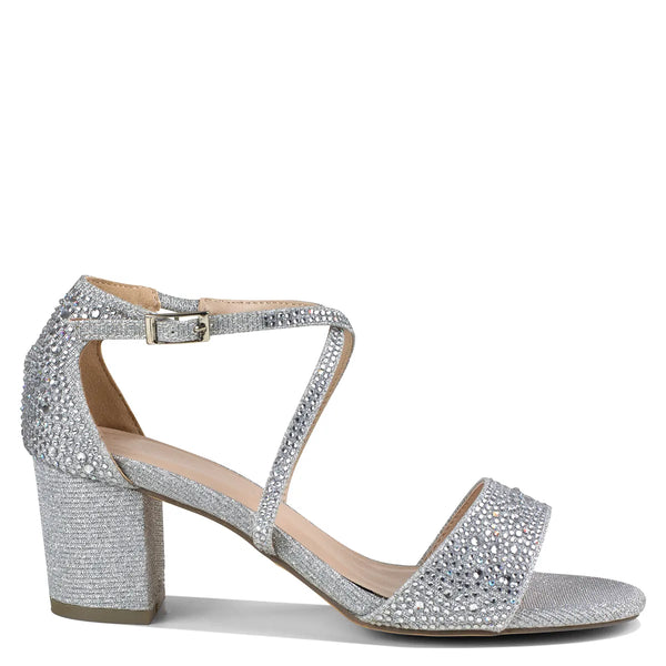 Dyeables Ines Silver Shimmer Low Block Heel Sandals Shoes