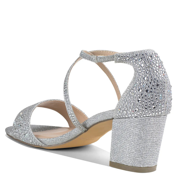 Dyeables Ines Silver Shimmer Low Block Heel Sandals Shoes