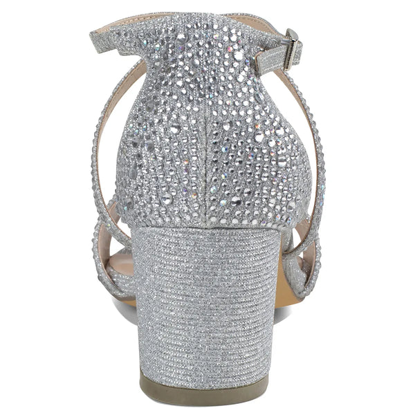 Dyeables Ines Silver Shimmer Low Block Heel Sandals Shoes