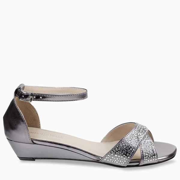 Dyeables Iris Pewter Shimmer Low Wedge Sandals Shoes