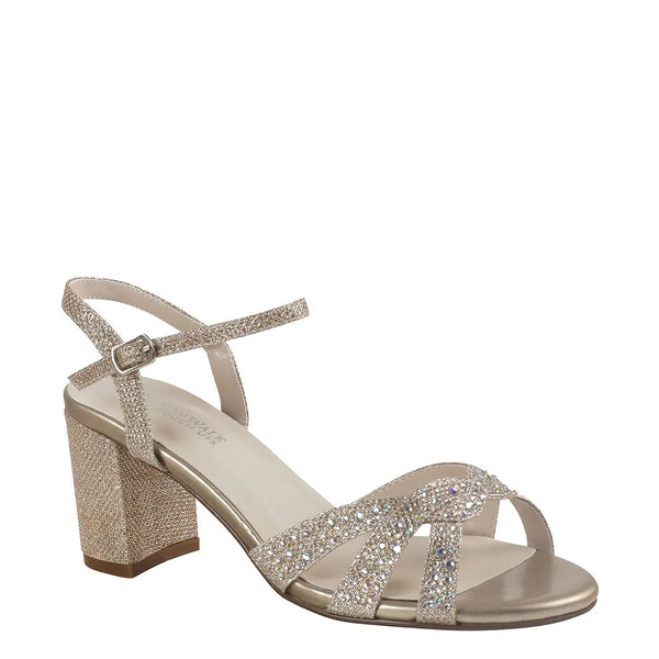 dyeables Ivy Champagne Shimmer Low Block Heel Sandals Shoes