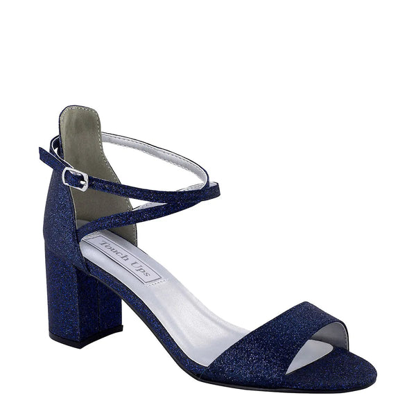 dyeables Jackie Navy Glitter Cross Strap Block Heel Sandals Shoes