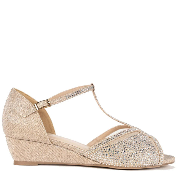 dyeables Janelle Champagne Shimmer Low Wedge Sandals Shoes