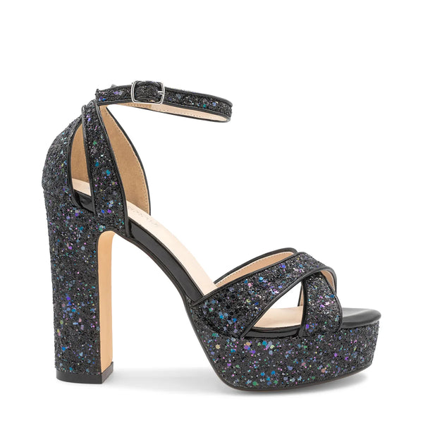 Dyeables Jemma Black Glitter High Block Heel Open Toe Platform Sandals Shoes