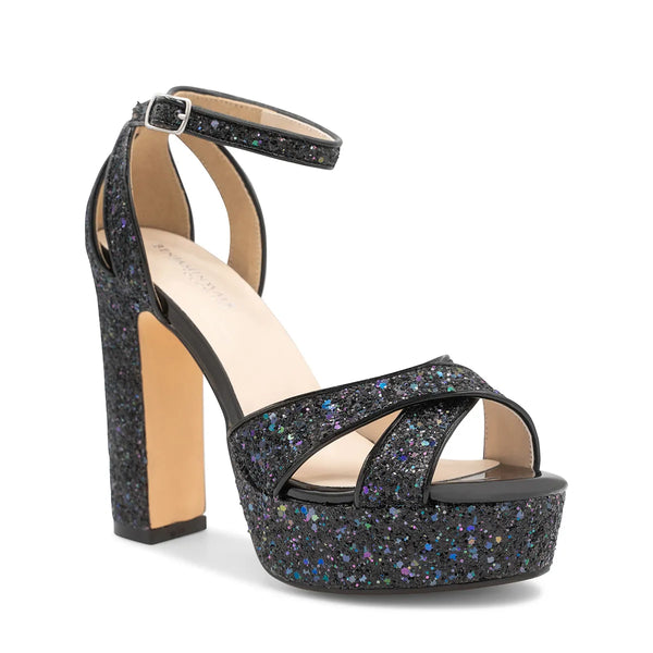 dyeables Jemma Black Glitter High Block Heel Open Toe Platform Sandals Shoes