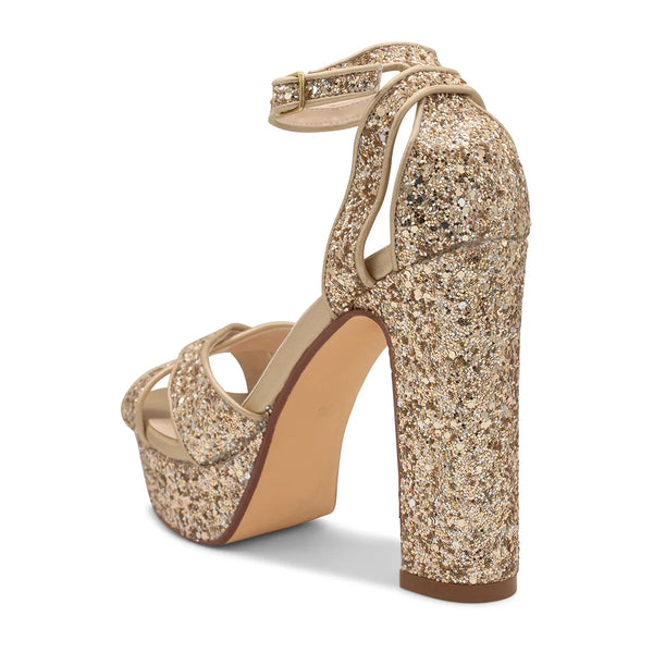 Dyeables Jemma Champagne Glitter High Block Heel Open Toe Platform Sandals Shoes