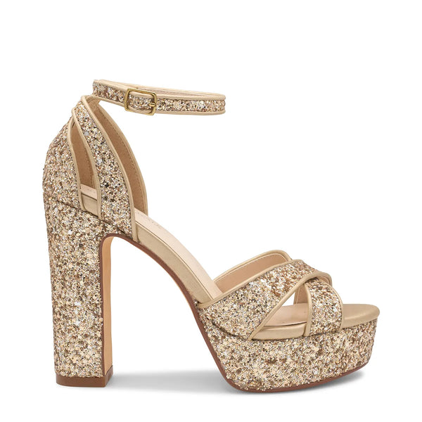 Dyeables Jemma Champagne Glitter High Block Heel Open Toe Platform Sandals Shoes