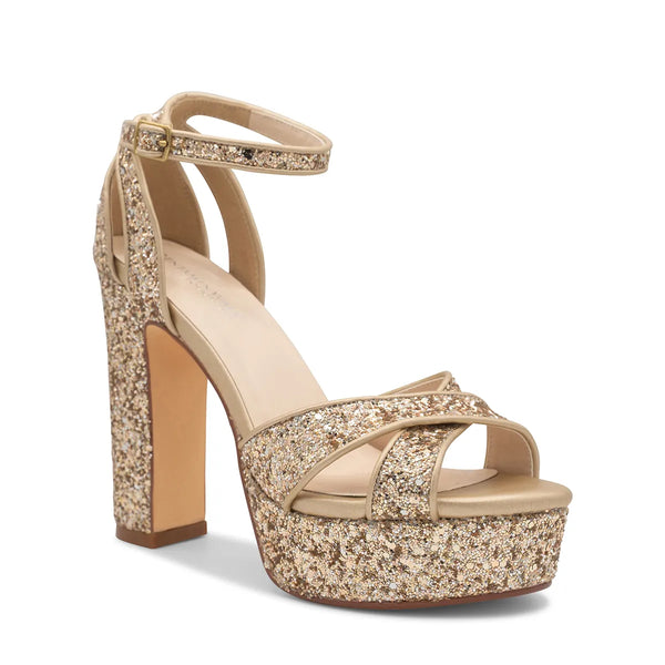 dyeables Jemma Champagne Glitter High Block Heel Open Toe Platform Sandals Shoes