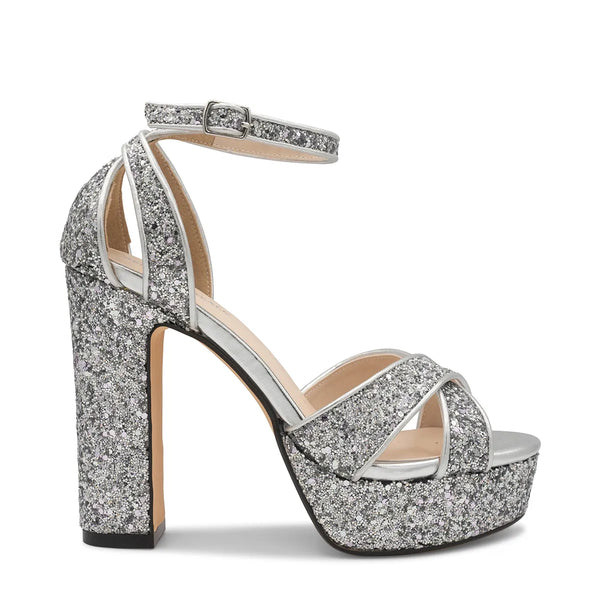 Dyeables Jemma Silver Glitter High Block Heel Open Toe Platform Sandals Shoes