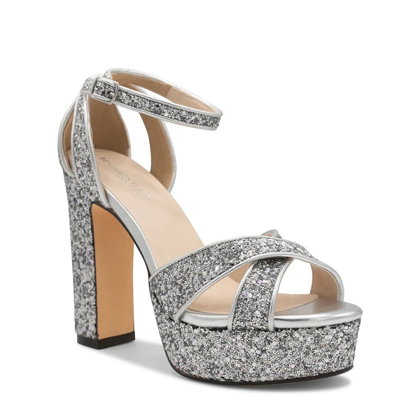 dyeables Jemma Silver Glitter High Block Heel Open Toe Platform Sandals Shoes