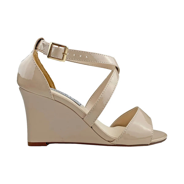 Dyeables Jenna Nude Patent Cross-Strap Wedge Sandals Shoes