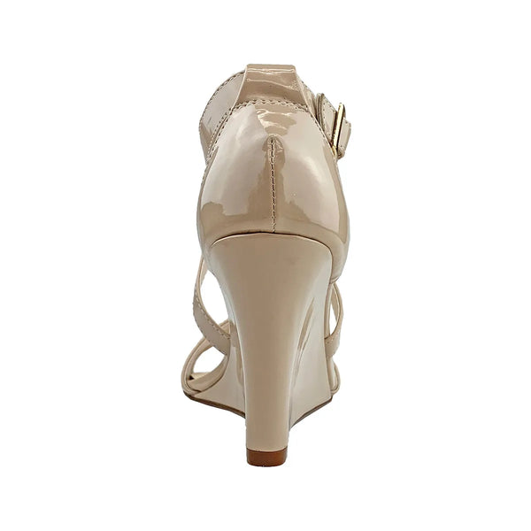 Dyeables Jenna Nude Patent Cross-Strap Wedge Sandals Shoes