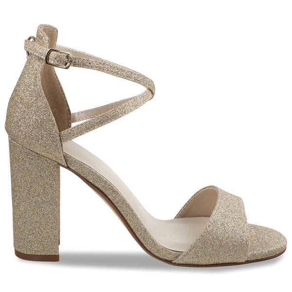 Dyeables Jordy Champagne Glitter High Block Heel Sandals Shoes