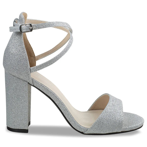 Dyeables Jordy Silver Glitter High Block Heel Sandals Shoes